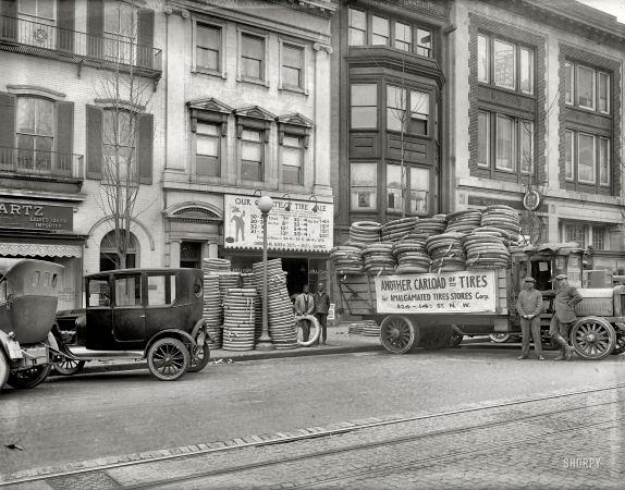 Photo showing: Tires Slashed -- Washington, D.C., circa 1922. Amalgamated Tires, 14th Street N.W.