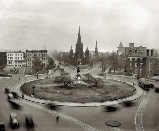 Photo showing: Washington Merry-Go-Round -- Washington, D.C., circa 1921. Thomas Circle and Luther Place Memorial Church.