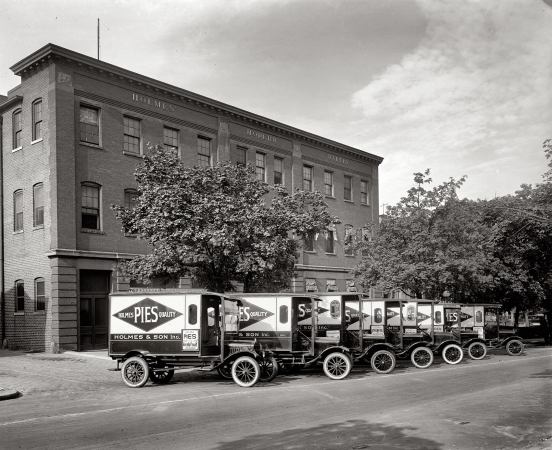 Photo showing: Pies for All -- Washington, D.C. circa 1920. The Holmes Modern Bakery pie delivery fleet.