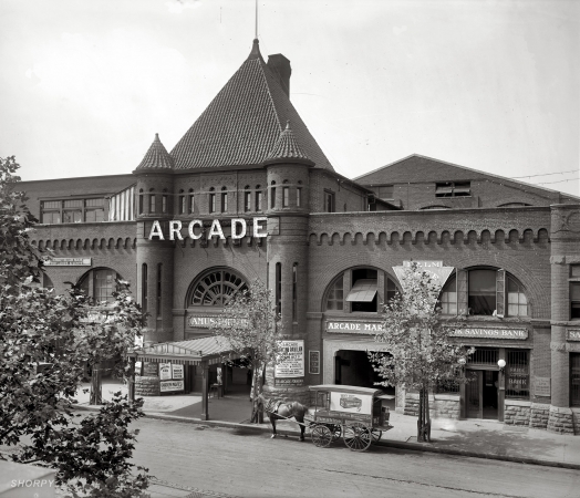 Photo showing: Fun Central -- Arcade Market. The Arcade building in Washington circa 1913, with garden movies, bowling, billiards, etc.