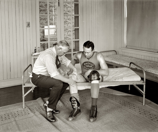 Photo showing: Tell Me Where It Hurts: 1920 -- Washington, D.C. Mike Martin and Bob Grody. Martin was a baseball coach who had his own brand of liniment.
