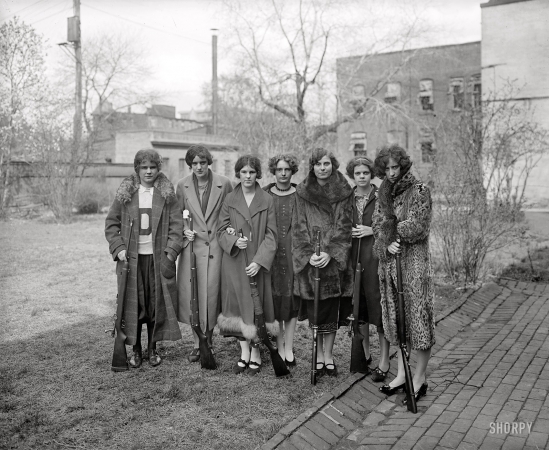 Photo showing: Loaded for Fur -- Washington, D.C., circa 1925. Girls' rifle team of Drexel Institute.