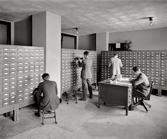 Photo showing: Storage Capacity -- Washington, January 1925. Bureau of Identification, Justice Department. Forerunner of the FBI.