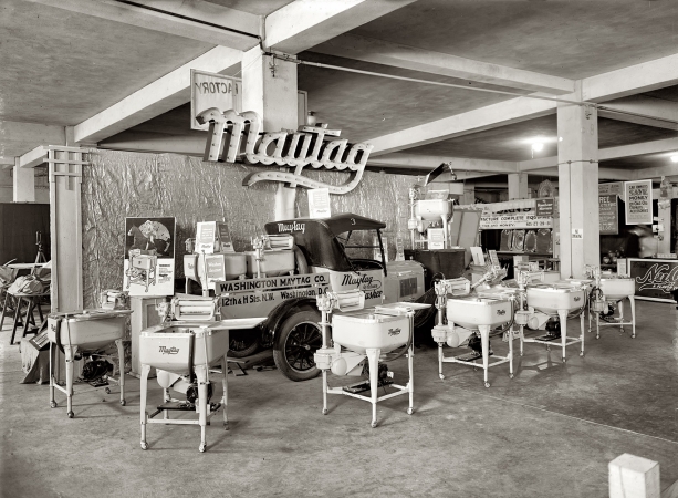 Photo showing: Maytag Washers -- Washington, D.C., 1926. Maytag Co. display at Industrial Exposition.