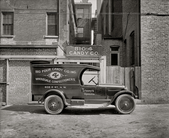Photo showing: Big 4 Candy -- 1926. Semmes Motor Co., Schrafft's truck. Dodge truck in Big 4 Candy livery at 608 E Street N.W., Washington.