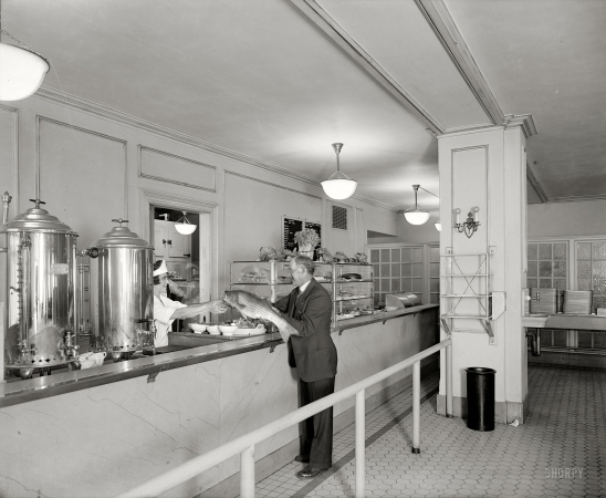 Photo showing: Go Fish -- Washington, D.C., circa 1928. Chesapeake & Potomac Telephone Co. cafeteria showing presentation of rockfish.