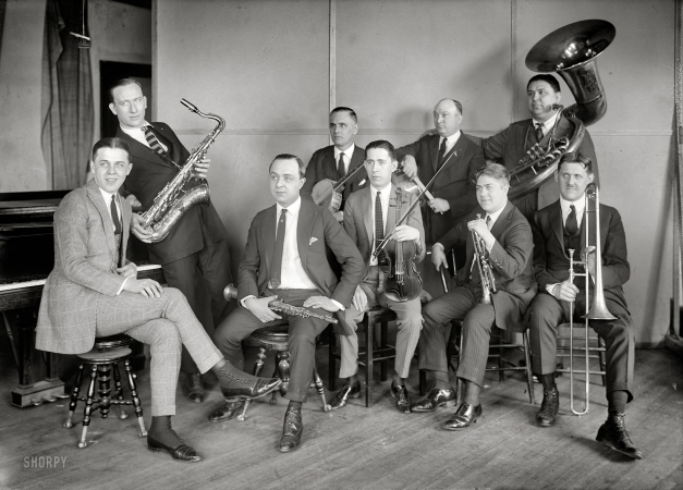 Photo showing: Isham Jones -- Songwriter, arranger and leader of one of the most popular Jazz Age bands, at left with saxophone.