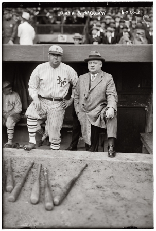 Photo showing: The Babe: 1923 -- New York Yankees outfielder Babe Ruth, in a Giants uniform, with Giants manager John McGraw.