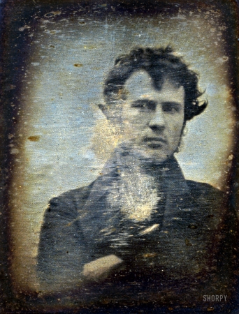 Photo showing: The First Selfie -- Philadelphia, November 1839. Robert Cornelius. The first light-picture ever taken.
