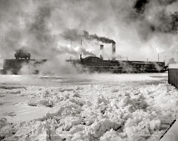 Photo showing: Fire and Ice -- Detroit River. Car ferry Michigan Central turning in ice, circa 1900.