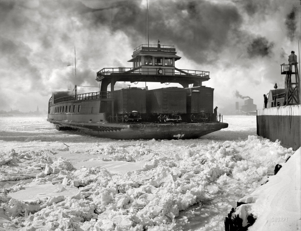 Photo showing: Winter Crossing -- Car ferry Michigan Central entering slip on the Detroit River circa 1900.
