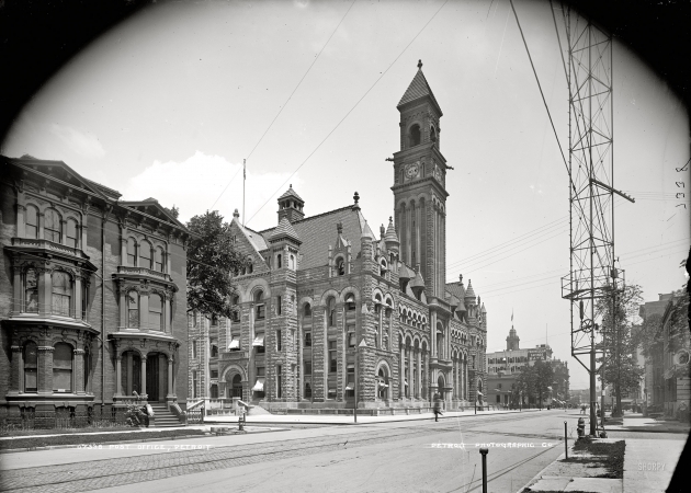 Photo showing: Detroit: 1897 -- Post Office, Detroit. Sign on utility pole: Please do not spit on the sidewalk.