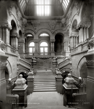 Photo showing: A Grand Entrance -- Albany, New York, circa 1905. Staircase in the Capitol.