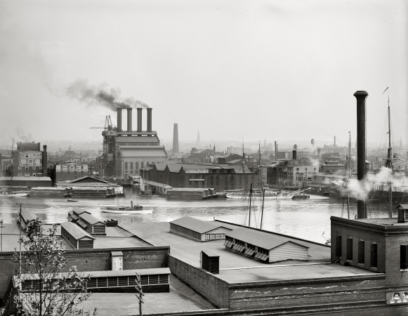Photo showing: Baltimore, 1903 -- Seen from Federal Hill; a freight terminal (O'Donnell's Wharf) and the Patapsco flour mill.