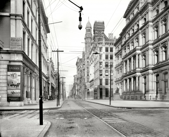 Photo showing: Relics of Philadelphia -- Chestnut Street from Ninth, circa 1900. Including Wanamaker & Brown liveries and offices of the Philadelphia Record. 