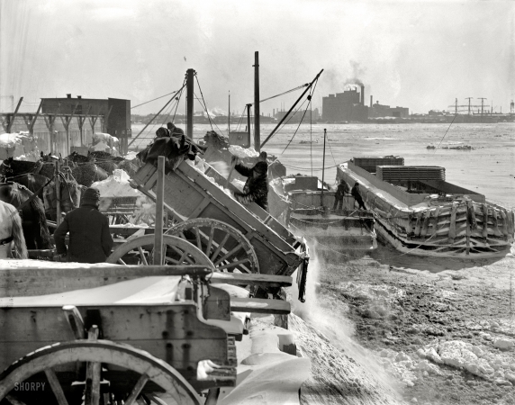 Photo showing: Blizzard Dump: 1899 -- Dumping snow into the river after a blizzard, New York.