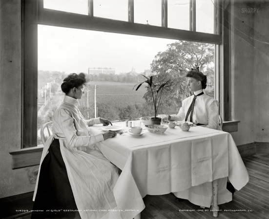 Photo showing: A Working Lunch -- Dayton, Ohio, circa 1902. Window in girls' restaurant, National Cash Register.