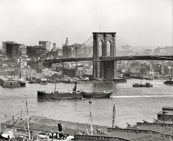 Photo showing: Across the East River -- The Brooklyn Bridge and Manhattan skyline circa 1908.