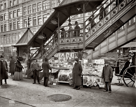 Photo showing: New York Newsstand -- A characteristic sidewalk newsstand, circa 1903.