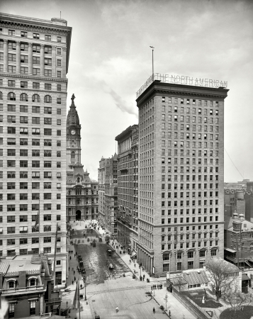 Photo showing: The North American -- Philadelphia circa 1904. The North American and Real Estate Trust buildings, plus a glimpse of City Hall.