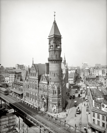 Photo showing: Jefferson Market Courthouse -- New York's Greenwich Village circa 1905. West 10th Street at Sixth Avenue.