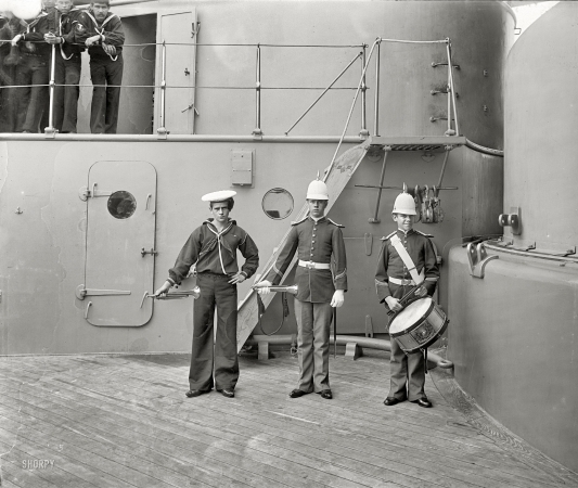 Photo showing: Bugle Boys -- Aboard the U.S.S. Massachusetts circa 1901. Buglers and drummer.