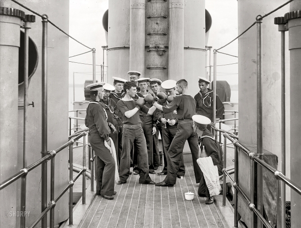 Photo showing: Navy Fighters -- Circa 1897. Boxing aboard the U.S.S. Massachusetts.