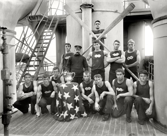 Photo showing: Gun Show -- A champion boat crew aboard the U.S.S. New York circa 1896.