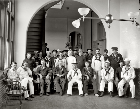 Photo showing: Sailors On the Mend -- New York circa 1900. Group of patients, Brooklyn Navy Yard hospital.