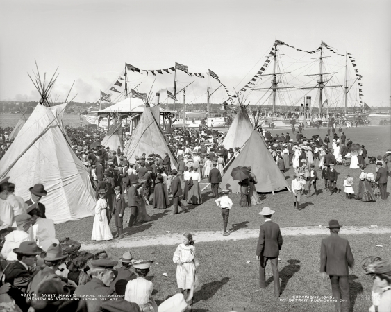 Photo showing: Sault Ste. Marie -- Michigan circa 1905. Sault Sainte Marie Canal celebration. Reviewing stand and Indian village.