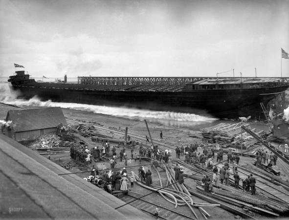 Photo showing: Slider -- May 14, 1910. Detroit Shipbuilding Co. yards at Wyandotte, Michigan. Launch of bulk steel carrier E.H. Utley.