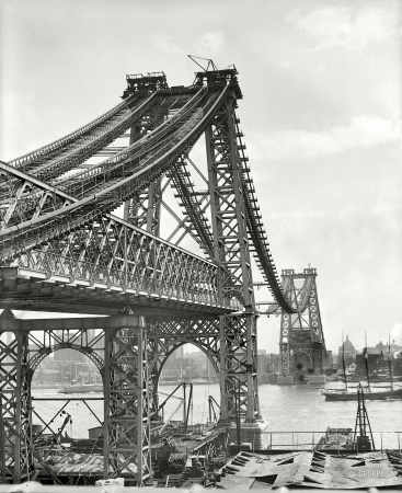 Photo showing: Building the Williamsburg Bridge -- New York circa 1902. New East River bridge from Brooklyn.