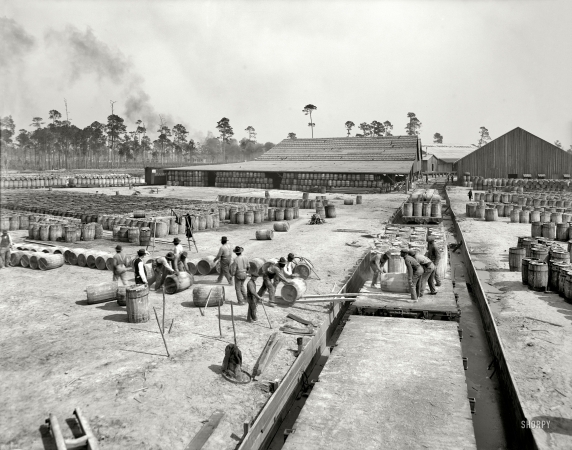 Photo showing: Naval Supply Yard -- Gulfport, Mississippi, circa 1905. New Orleans supply yard, Union Naval Stores. Shipment of rosin and turpentine.