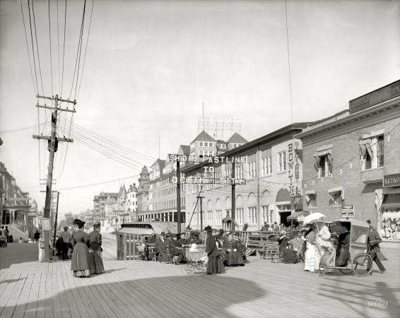 Photo showing: Shore Fastline -- Atlantic City circa 1908. Virginia Avenue from the Boardwalk.