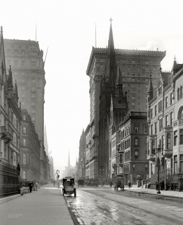 Photo showing: Fifth Avenue Hotels -- Gotham and St. Regis hotels, Fifth Avenue Presbyterian Church, at East 56th Street, New York circa 1905.