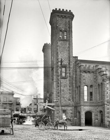 Photo showing: Look Out for the Engine -- Salem, Massachusetts, circa 1910. Boston and Maine Railroad depot, Riley Plaza.