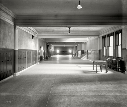 Photo showing: Hall Pass -- Detroit, Michigan, circa 1911. Northwestern High School, main corridor.