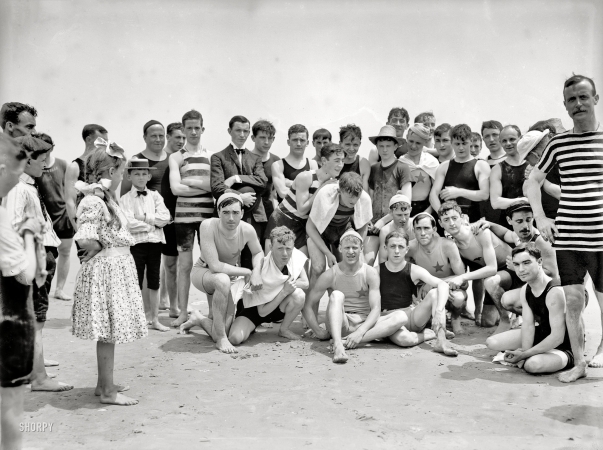 Photo showing: A Husky Bunch -- Coney Island, New York, circa 1905. A husky bunch. Hide your daughters!