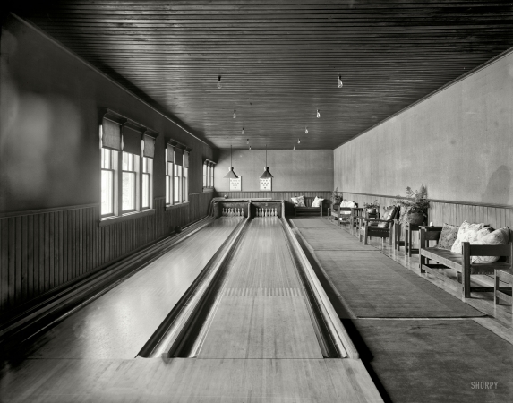 Photo showing: Two-Lane Hardwood -- Upstate New York circa 1905. Bowling alley. Paul Smith's casino, Adirondack Mountains.