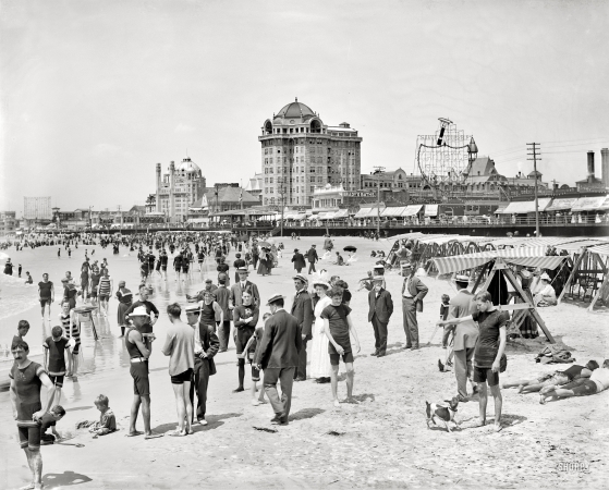 Photo showing: Jersey Shore Activities -- Atlantic City, New Jersey, circa 1908. Hotel Traymore, bathers on the shore.