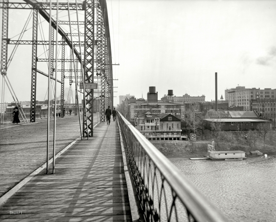 Photo showing: Walk Your Horse -- Little Rock, Arkansas, circa 1910. View from the Free Bridge. The sign: YOU MUST WALK YOUR HORSE OVER BRIDGE. 
