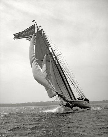 Photo showing: Schooner Heeling -- The Ruth. E Pember at sail, circa 1901.