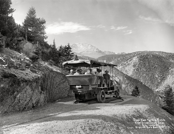Photo showing: Rocky Mountain Excursion -- Colorado circa 1910. Crystal Park autoroad trip. Pike's Peak and Cog Road from Inspiration Point.