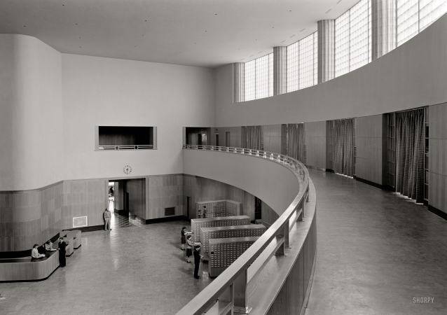 Photo showing: Learning Curve -- January 21, 1941. Brooklyn Public Library, Prospect Park Plaza. Balcony curve. Githens & Keally, architect.