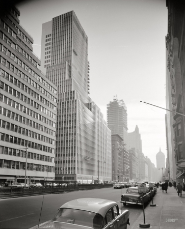 Photo showing: Park Avenue: 1957 -- New York 1957. The Seagram Building going up down the street.