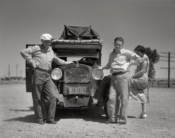 Photo showing: On the Road -- July 1936. Drought refugees from Glendive, Montana, leaving for Washington state.