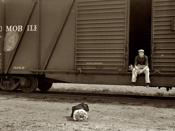Photo showing: Riding the Rails for Work -- February 1939. Calipatria, Imperial Valley, California. Twenty-five year old itinerant, originally from Oregon.