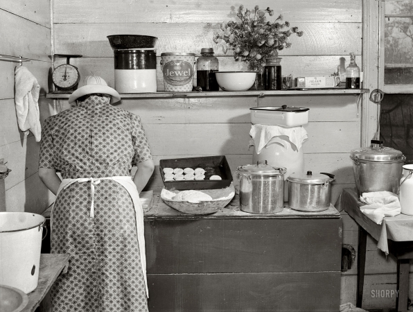 Photo showing: Biscuits From Scratch -- September 1939. Granville County, North Carolina. Mrs Wilkins making biscuits for dinner on cornshucking day.