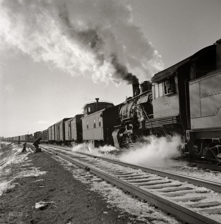 Photo showing: Along the AT & SF: 1943 -- Chillicothe, Illinois. Changing crews and cabooses of a westbound freight along the Atchison, Topeka and Santa Fe R.R.