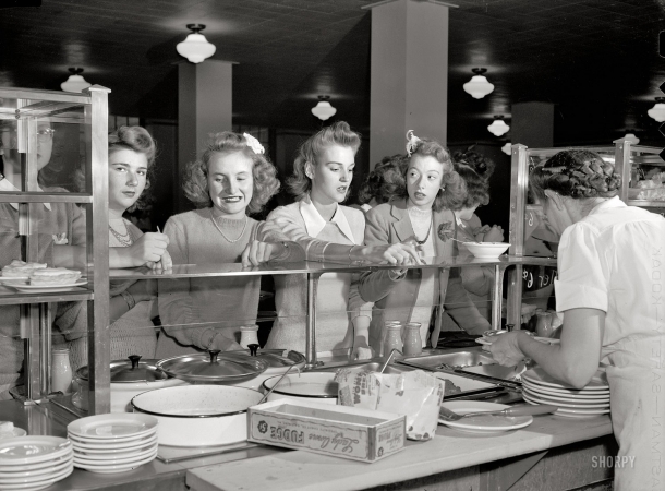 Photo showing: Sweater Girls at Lunch -- Woodrow Wilson High School cafeteria, Washington, D.C. October 1943.